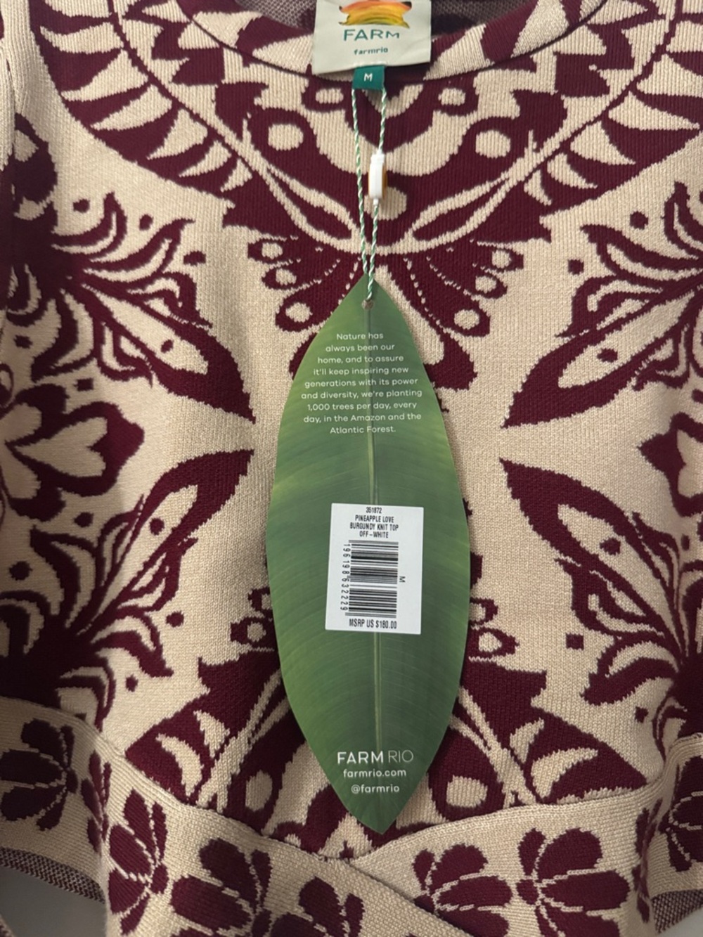 Never Used - FARM Rio Burgundy & Cream Floral Jacquard Crop Sweater - Picture 5 of 5